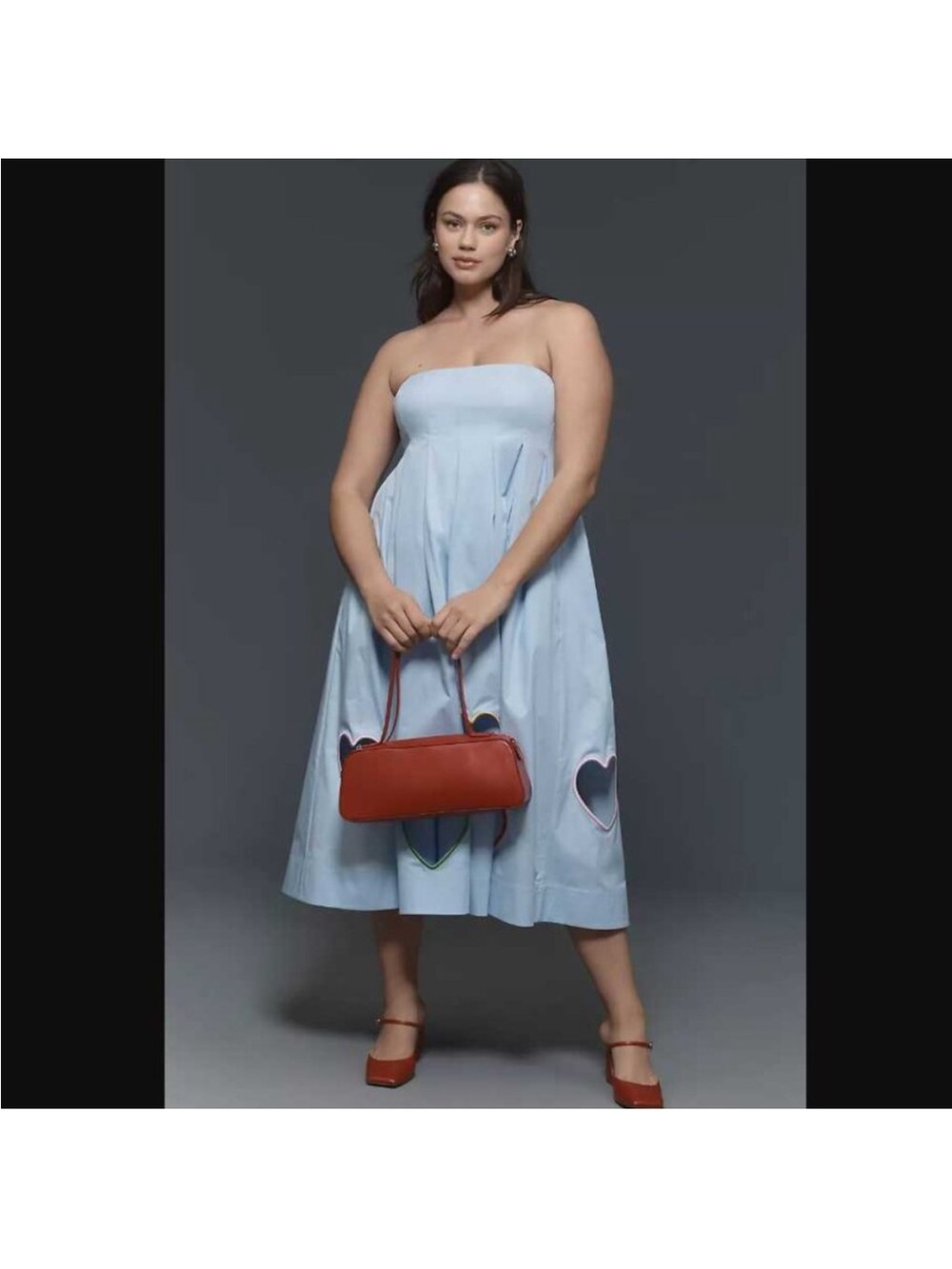 Maje Strapless Light Blue Midi Dress with Heart Cutouts